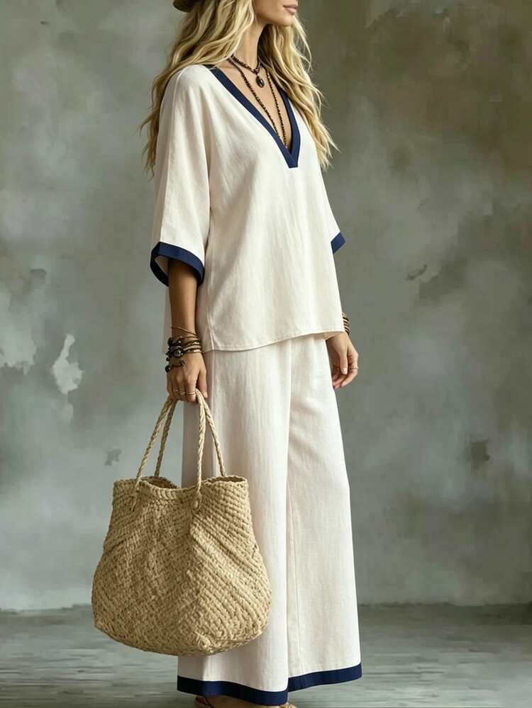 Glimmora French Style Colorblock V-Neck Top And Pants Set - Beige - View 4