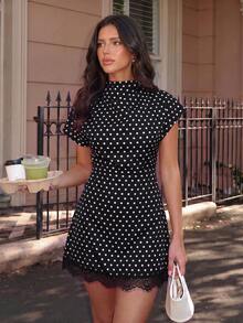 Firerie Women's Polka Dot Pleated Casual Daily Summer Mini Dress - Black and White - View 7