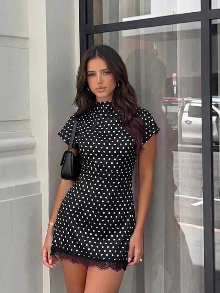 Firerie Women's Polka Dot Pleated Casual Daily Summer Mini Dress - Black and White - View 5