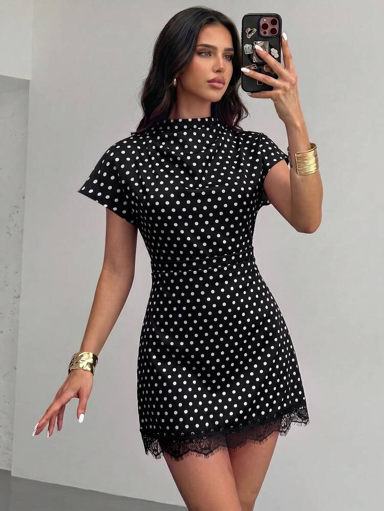 Firerie Women's Polka Dot Pleated Casual Daily Summer Mini Dress - Black and White - View 3