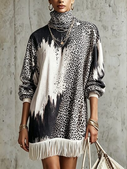 Glimmora American Retro Colorblock Leopard Print Tassel Dress