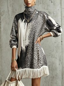 Glimmora American Retro Colorblock Leopard Print Tassel Dress - Multicolor - View 4