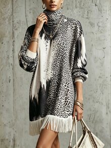 Glimmora American Retro Colorblock Leopard Print Tassel Dress - Multicolor - View 3