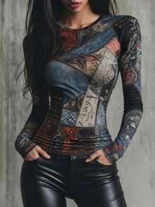 Glimmora Fashionable Retro Patchwork Print Slim Fit Long Sleeve T-Shirt - Multicolor - View 3