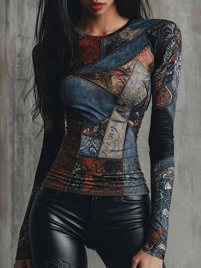 Glimmora Fashionable Retro Patchwork Print Slim Fit Long Sleeve T-Shirt