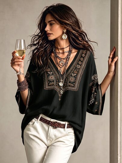 Glimmora Bohemian Faux Embroidery Floral Print Women's Blouse, Loose V-Neck Batwing 3/4 Sleeve Flattering Top, Casual Vacation Travel Shirt For Countryside And Beach