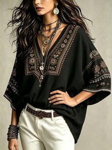 Glimmora 波希米亞風仿刺繡花卉印花女款上衣，寬鬆V領蝙蝠袖七分袖修身上衣，休閒度假旅行襯衫，適合鄉村與海灘穿著 - 彩色 - 查看 5