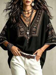 Glimmora 波希米亞風仿刺繡花卉印花女款上衣，寬鬆V領蝙蝠袖七分袖修身上衣，休閒度假旅行襯衫，適合鄉村與海灘穿著 - 彩色 - 查看 4