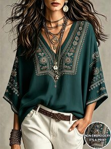 Glimmora 波希米亞風仿刺繡花卉印花女款上衣，寬鬆V領蝙蝠袖七分袖襯衫，休閒度假旅行鄉村與海灘穿搭衫 - 彩色 - 查看 1