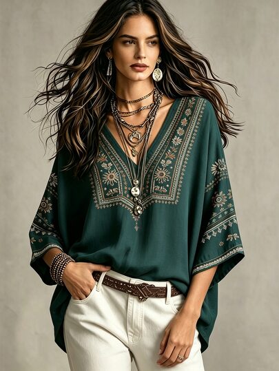 Glimmora Atasan Wanita Motif Bunga Bordir Imitasi Gaya Bohemian, Blus Lengan 3/4 Longgar Leher V Model Batwing, Kemeja Kasual untuk Liburan di Pedesaan dan Pantai