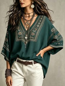Glimmora 波希米亞風仿刺繡花卉印花女款上衣，寬鬆V領蝙蝠袖七分袖襯衫，休閒度假旅行鄉村與海灘穿搭衫 - 彩色 - 查看 4