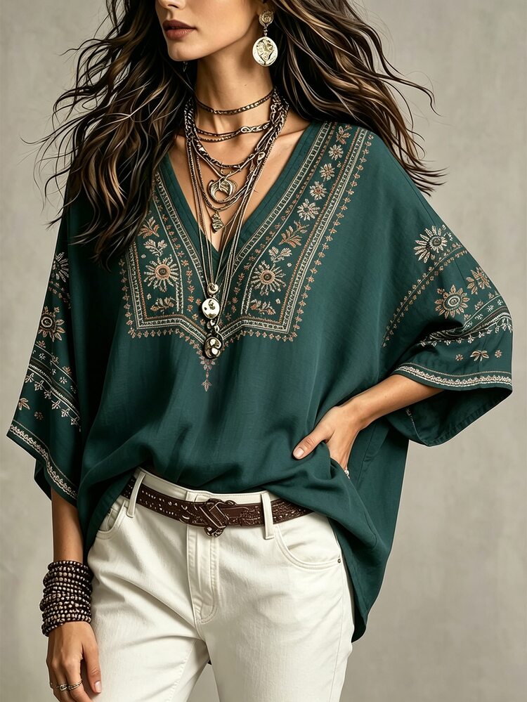 Glimmora Bohemian Faux Embroidery Floral Print Women's Top, Loose V-Neck Batwing 3/4 Sleeve Blouse, Casual Vacation Travel Shirt For Countryside And Beach - Multicolor - View 4