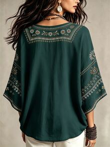 Glimmora 波希米亞風仿刺繡花卉印花女款上衣，寬鬆V領蝙蝠袖七分袖襯衫，休閒度假旅行鄉村與海灘穿搭衫 - 彩色 - 查看 2