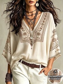 Glimmora 波希米亞風仿刺繡花卉印花女款上衣，寬鬆V領蝙蝠袖七分袖修身上衣，休閒度假旅行襯衫，適合鄉村與海灘穿著 - 彩色 - 查看 1