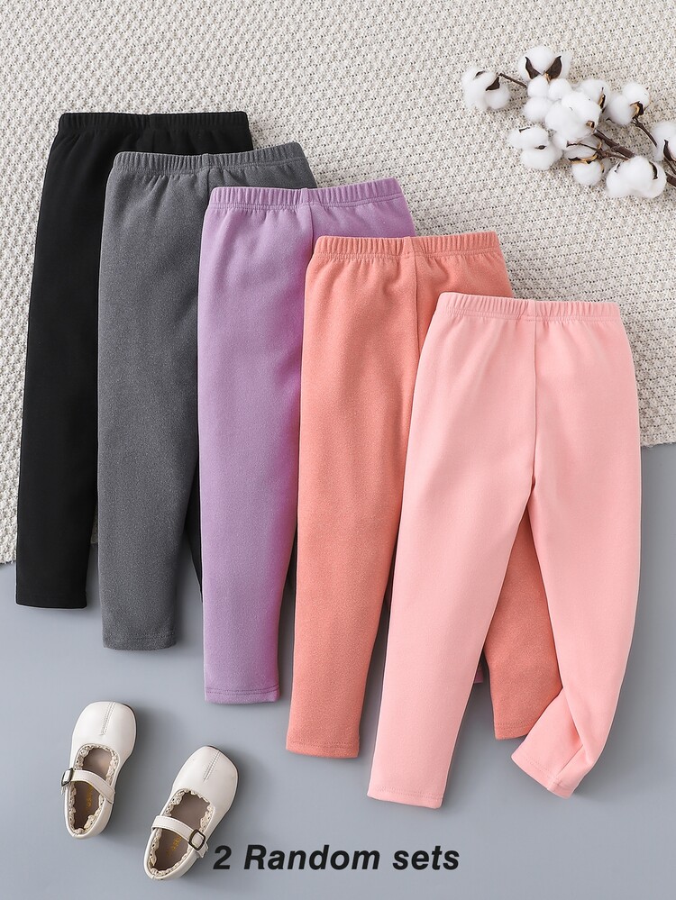 [2 Sets Randomly Sent]+ Girls' Solid Color Derong Leggings, Autumn/Winter Versatile Slim Fit Soft Solid Color Fleece-Lined And Thickened Autumn/Winte - Multicolor - View 2
