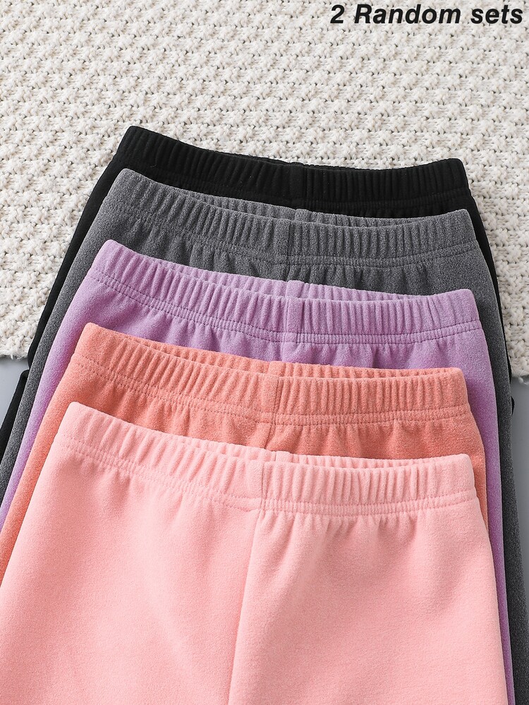 [2 Sets Randomly Sent]+ Girls' Solid Color Derong Leggings, Autumn/Winter Versatile Slim Fit Soft Solid Color Fleece-Lined And Thickened Autumn/Winte - Multicolor - View 6