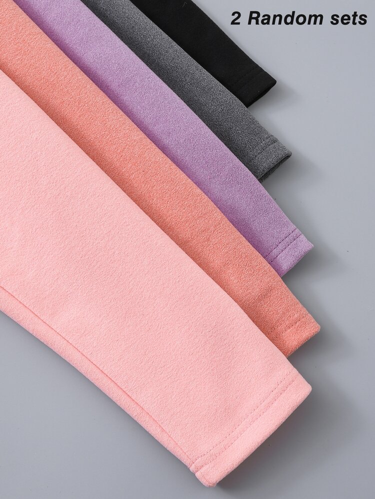 [2 Sets Randomly Sent]+ Girls' Solid Color Derong Leggings, Autumn/Winter Versatile Slim Fit Soft Solid Color Fleece-Lined And Thickened Autumn/Winte - Multicolor - View 3