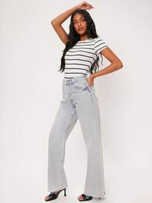 SHEIN BASICS 女款連身衣 夏季女裝 日常白天城市度假 外出辦公 黑色與白色條紋格紋休閒款 - 黑與白 - 查看 5