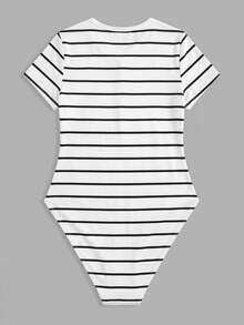 SHEIN BASICS 女款連身衣 夏季女裝 日常白天城市度假 外出辦公 黑色與白色條紋格紋休閒款 - 黑與白 - 查看 6