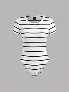 SHEIN BASICS 女款連身衣 夏季女裝 日常白天城市度假 外出辦公 黑色與白色條紋格紋休閒款 - 黑與白 - 查看 3