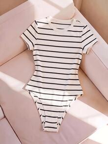 SHEIN BASICS 女款連身衣 夏季女裝 日常白天城市度假 外出辦公 黑色與白色條紋格紋休閒款 - 黑與白 - 查看 7