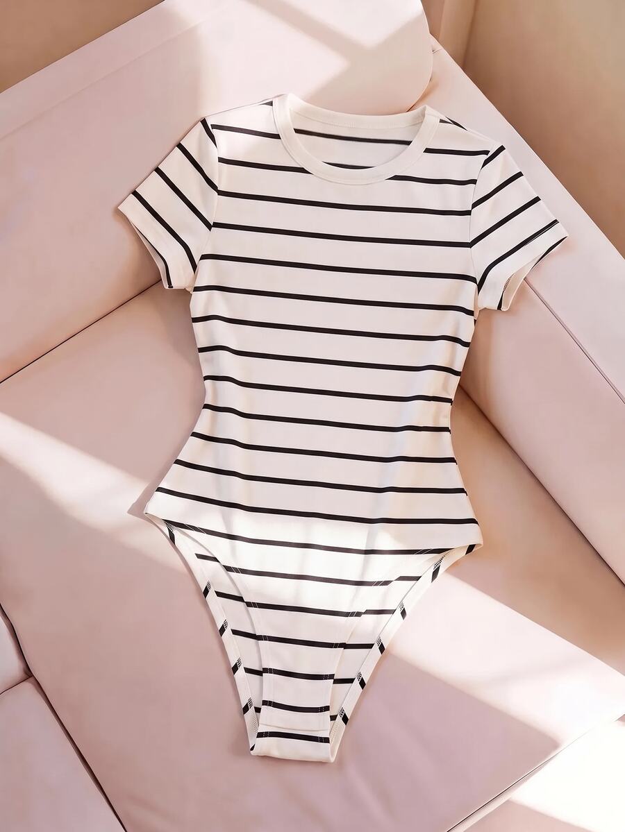 SHEIN BASICS Women Bodysuits Summer Outfit For Women Everyday Daytime City Break Going Out Office Black And White Striped Checkered And Casual