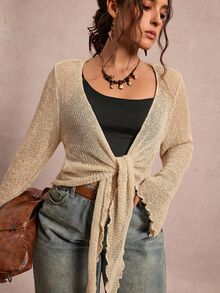 Freevana Áo cardigan len nữ size lớn, cổ tay bèo nhún, dây buộc - Màu be - Xem 6