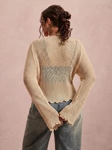 Freevana Áo cardigan len nữ size lớn, cổ tay bèo nhún, dây buộc - Màu be - Xem 3