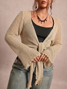 Freevana Áo cardigan len nữ size lớn, cổ tay bèo nhún, dây buộc - Màu be - Xem 2