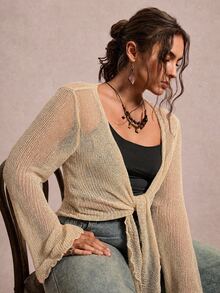 Freevana Áo cardigan len nữ size lớn, cổ tay bèo nhún, dây buộc - Màu be - Xem 4