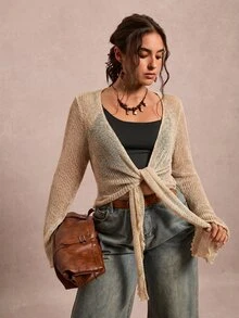 Freevana Áo cardigan len nữ size lớn, cổ tay bèo nhún, dây buộc - Màu be - Xem 5