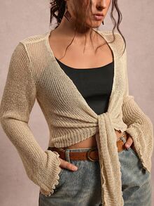 Freevana Áo cardigan len nữ size lớn, cổ tay bèo nhún, dây buộc - Màu be - Xem 8