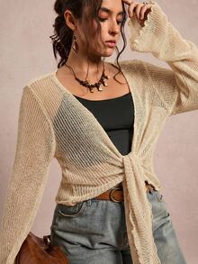 Freevana Áo cardigan len nữ size lớn, cổ tay bèo nhún, dây buộc - Màu be - Xem 7