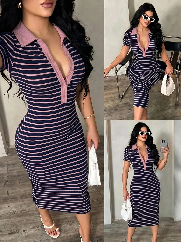 SHEIN SXY Women's Casual Striped Rib-Knit Polo Collar Short Sleeve