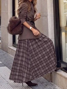 Brillora 女款春夏休閒老錢風 70 年代度假 A 字條紋印花寬鬆裙，荷葉邊鄉村風服飾，適合節慶、野餐，灰色格紋 - 彩色 - 查看 1