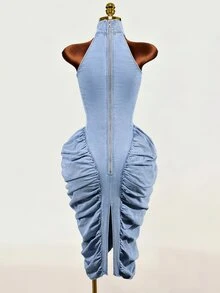 Mistrie Casual Denim Dress For Women - Blue - View 3
