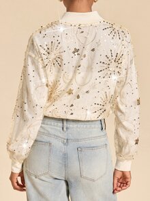 Travachic Chaqueta corta de lentejuelas para mujer, elegante chaqueta corta de encaje beige celestial, chaqueta de béisbol con cremallera bordada transparente para fiesta de té de otoño y salidas nocturnas - Multicolor - Ver 4