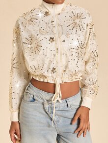 Travachic Chaqueta corta de lentejuelas para mujer, elegante chaqueta corta de encaje beige celestial, chaqueta de béisbol con cremallera bordada transparente para fiesta de té de otoño y salidas nocturnas - Multicolor - Ver 9