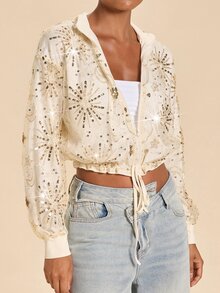 Travachic Chaqueta corta de lentejuelas para mujer, elegante chaqueta corta de encaje beige celestial, chaqueta de béisbol con cremallera bordada transparente para fiesta de té de otoño y salidas nocturnas - Multicolor - Ver 8