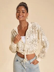 Travachic Chaqueta corta de lentejuelas para mujer, elegante chaqueta corta de encaje beige celestial, chaqueta de béisbol con cremallera bordada transparente para fiesta de té de otoño y salidas nocturnas - Multicolor - Ver 7