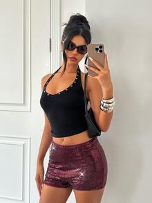 Aloruh 女款亮面時尚百搭日常穿搭短褲 秋季女裝酒紅色亮片短褲 新年派對穿搭 - 酒紅色 - 查看 4
