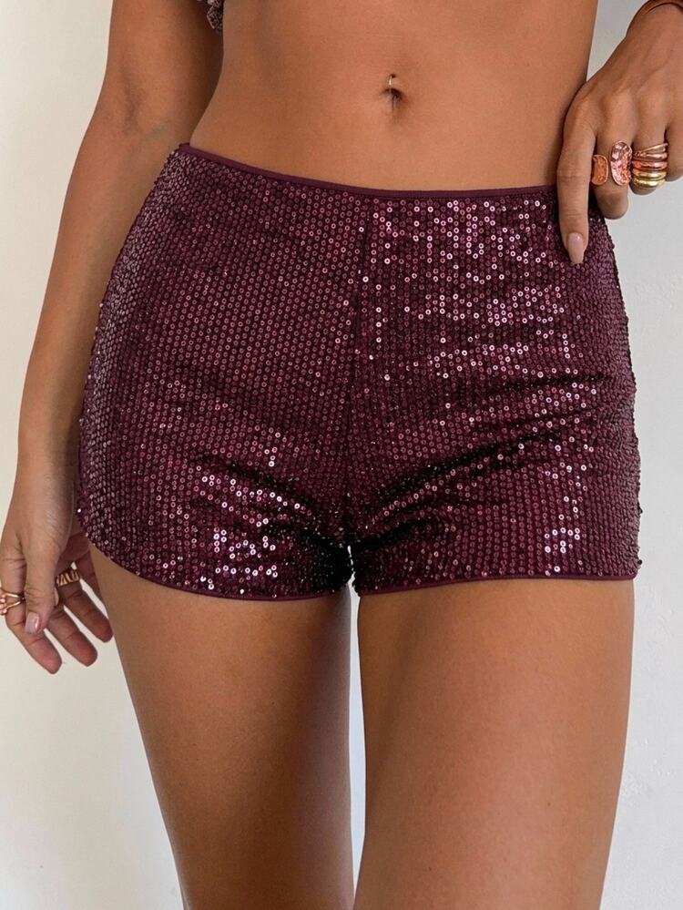 Aloruh Women's Shiny Fashion Versatile Daily Wear Shorts Autumn Outfits For Women Burgundy Sequin Shorts New Year's Party Outfits - Burgundy - View 6