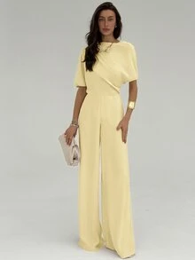Aloruh New Simple Solid Apricot Color Ruched Shoulder Jumpsuits, Sexy Cinching Waist Wide Leg - Yellow - View 1