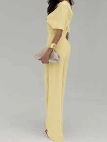 Aloruh New Simple Solid Apricot Color Ruched Shoulder Jumpsuits, Sexy Cinching Waist Wide Leg - Yellow - View 3
