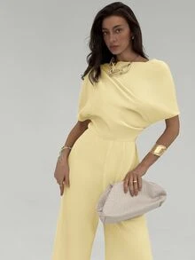 Aloruh New Simple Solid Apricot Color Ruched Shoulder Jumpsuits, Sexy Cinching Waist Wide Leg - Yellow - View 5