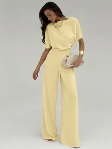 Aloruh New Simple Solid Apricot Color Ruched Shoulder Jumpsuits, Sexy Cinching Waist Wide Leg - Yellow - View 4