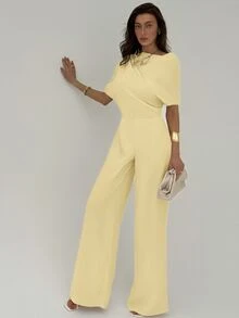 Aloruh New Simple Solid Apricot Color Ruched Shoulder Jumpsuits, Sexy Cinching Waist Wide Leg - Yellow - View 6