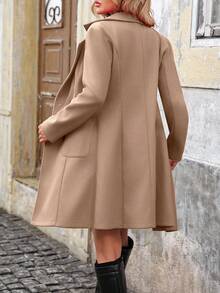 SHEIN Women's Mid-Length Wool Blend Solid Color Coat, Notched Lapel Double-Breasted, Long-Sleeved Coat - Khaki - View 2