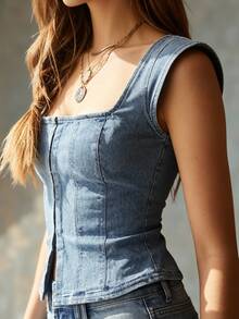 Glimmora Women's Denim Effect Print Square Neck Hook Closure Top - Blue - View 5