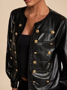 Travachic 女款純色PU皮革休閒百搭日常長袖夾克，秋冬健身與外出穿搭黑色外套 - 黑色 - 查看 7